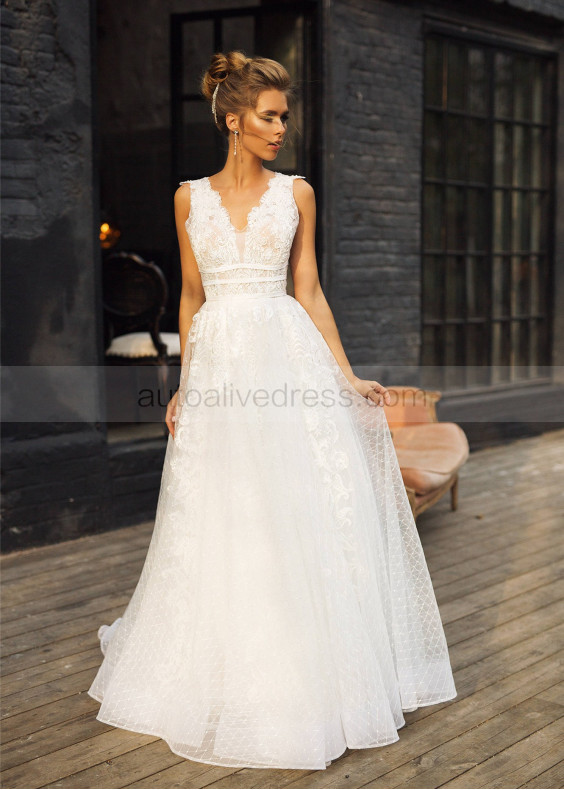 Beaded Ivory Lace Tulle V Back Wedding Dress